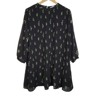 Zara Dress Womens Sz L 3/4 Sleeve  Pleated Cactus Office Preppy Chiffon EUC